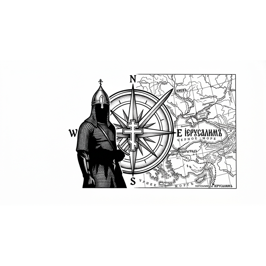 Татуировка искиз воина (Александра Невского)? 
Силуэт воина в шлеме и с мечом (полностью фигура, но лаконично).
Как соединить с компасом/крестом:
  - 1: Меч/шпага как стрелка компаса, восьмиконечный крест в центре.
Куда ведёт путь на карте: Иерусалим