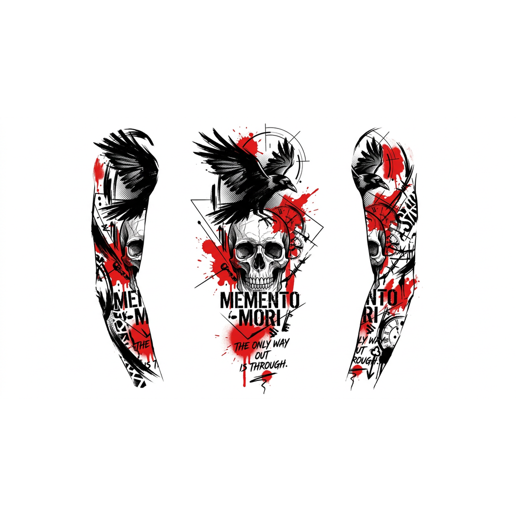 Рукав на всю  руку с черепом и надписями 
Можно добавить мистики