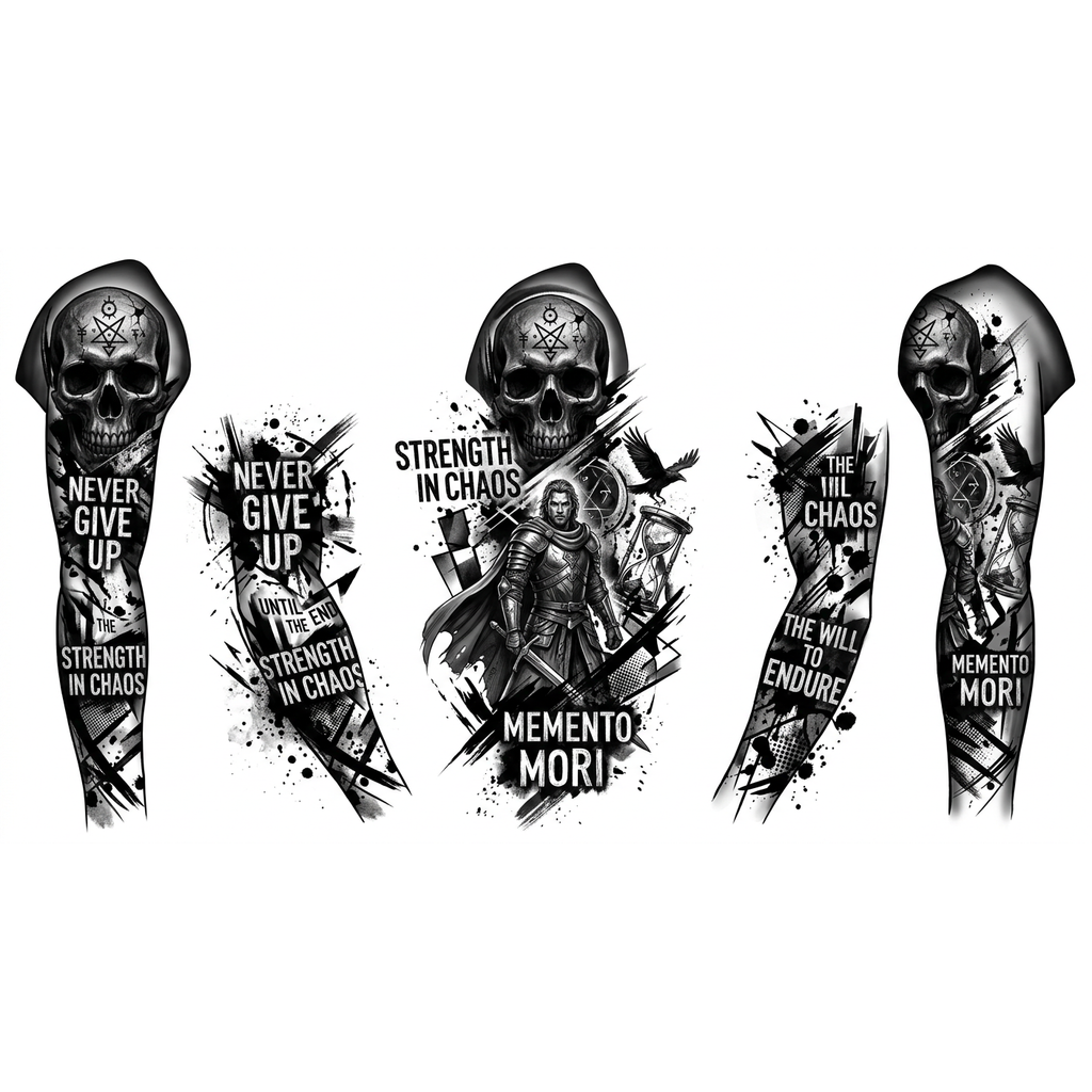 Рукав на всю  руку с черепом и надписями 
Можно добавить мистики
Череп расположи на плече 
Ниже изображение человека или воина 
Надпись вроде ни когда не сдавайся или или то конца