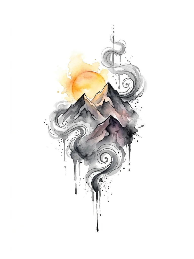 Тату эскиз: Я Хочу горы небольшие(черного, персикого, фиолетового оттенка, оттенки нежно должны переходить друг в друга), сзади которых будет выходить солнце, солнце желто-оранжевого цвета,
вокруг гор должен быть туман, можно сделать так, чтобы в тумане были завитки.
сам эскиз не должен быть слишком контрасным