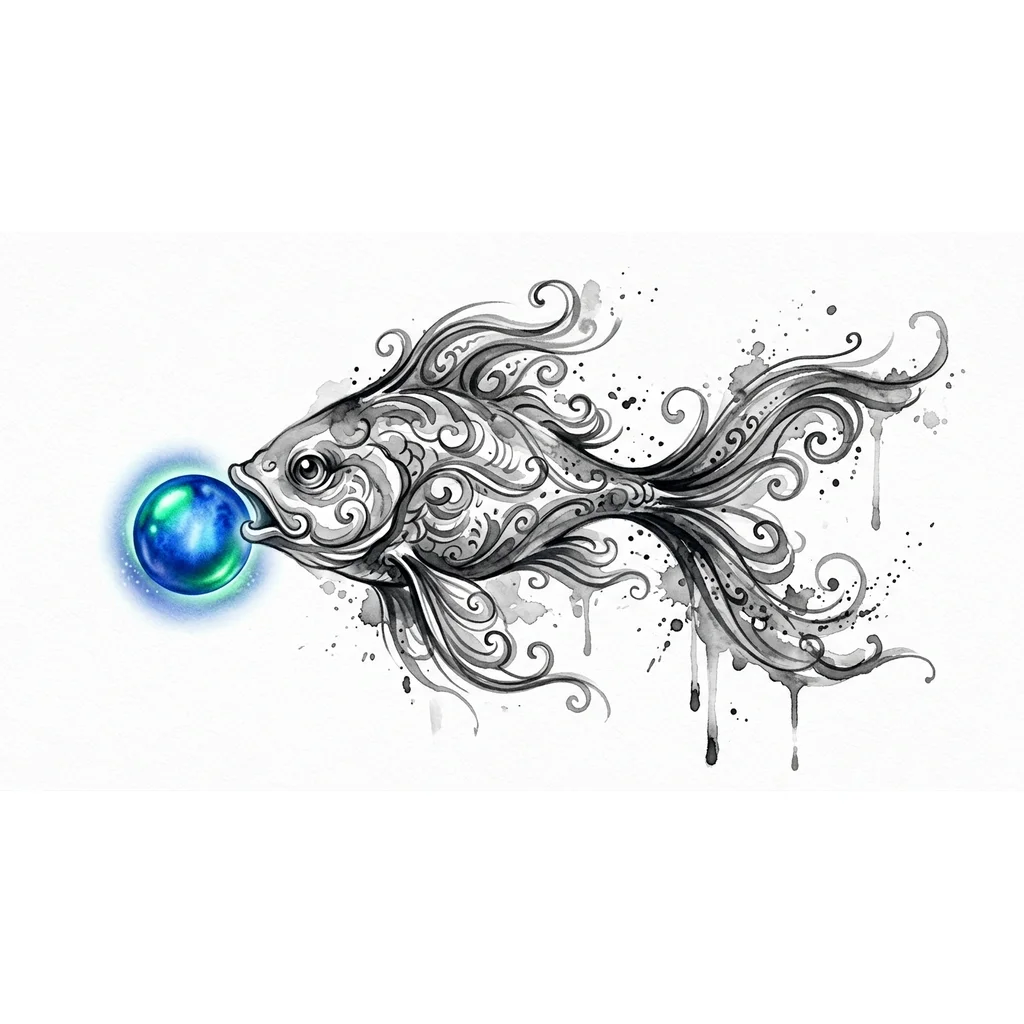 Тату эскиз: Хочу татуировку в виде рыбы, у которой во рту будет яркая сфера,
пусть сфера будет голубая с зеленым отливом
Пусть плавники рыбы будут в виде завитков