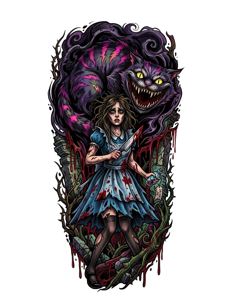 Тату эскиз: Алиса в стране кошмаров, в цвете с чеширским котом из ее вселенной сзади, желательно на шее, нож, кровь
