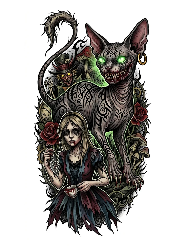 Тату эскиз: Алиса в стране кошмаров, с чеширским кот отдалённо напоминает кошку-сфинкса с тонким мехом и тонкой формой тела. У него пугающе жуткая человекоподобная улыбка, на зубах которой иногда видны брызги крови, длинная шея, острые когти большие заострённые уши и длинный хвост с пучком шерсти на конце. Носит золотую серьгу-обруч в правом ухе, а его кожа покрыта чёрными отметинами, похожими на племенные татуировки. Глаза зелёные и светятся ярким, озаряющим светом сзади, желательно на шее, нож, кровь