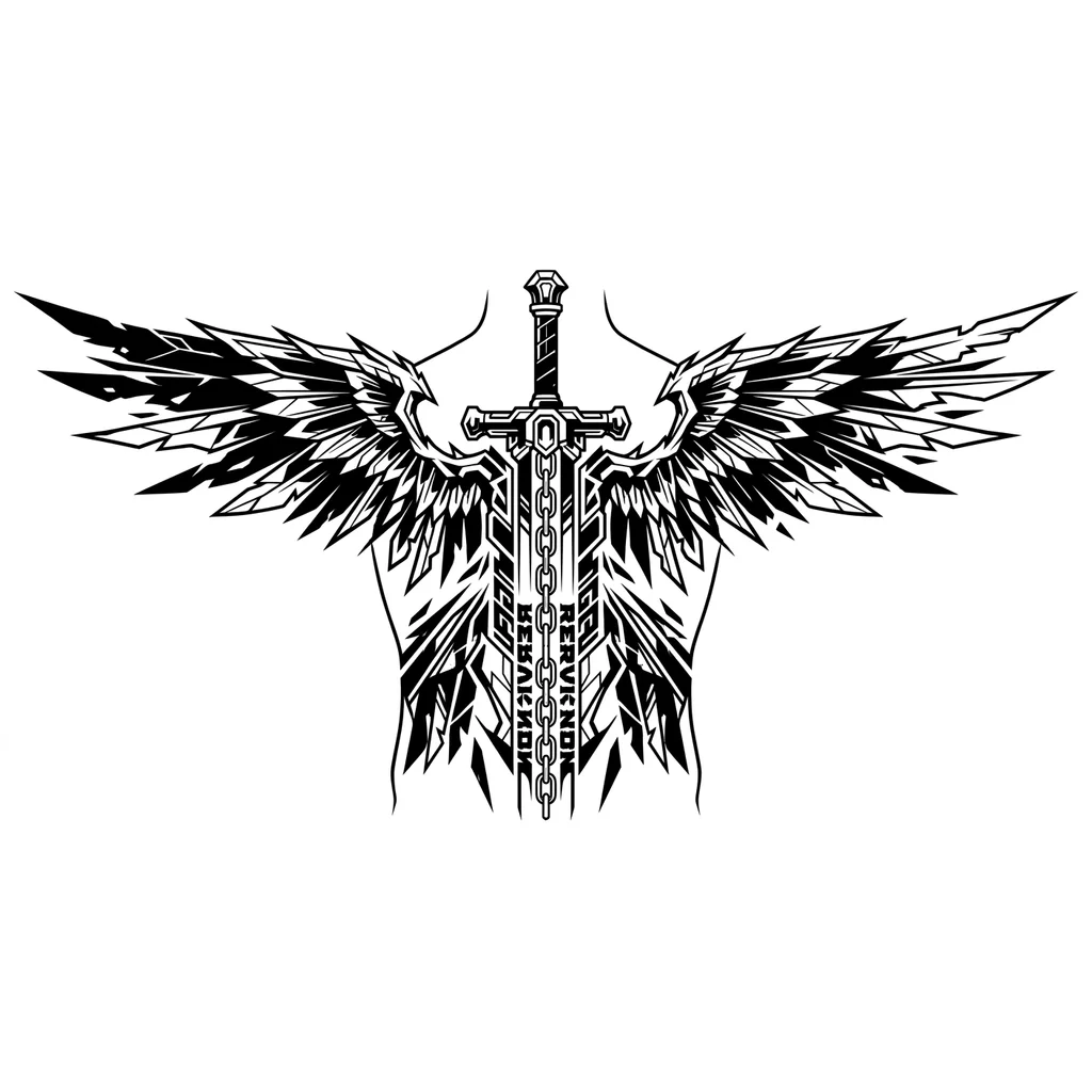 Тату эскиз: Full back tattoo, blackwork. Меч вертикально вдоль позвоночника. От рукояти асимметричные обгоревшие крылья падшего ангела по лопаткам, спускаются к пояснице и на заднюю поверхность рук. Лезвие меча: чередование металлических звеньев и dark lettering вставок. Все линии прямые, острые, агрессивные. Черно-белое, высокий контраст.