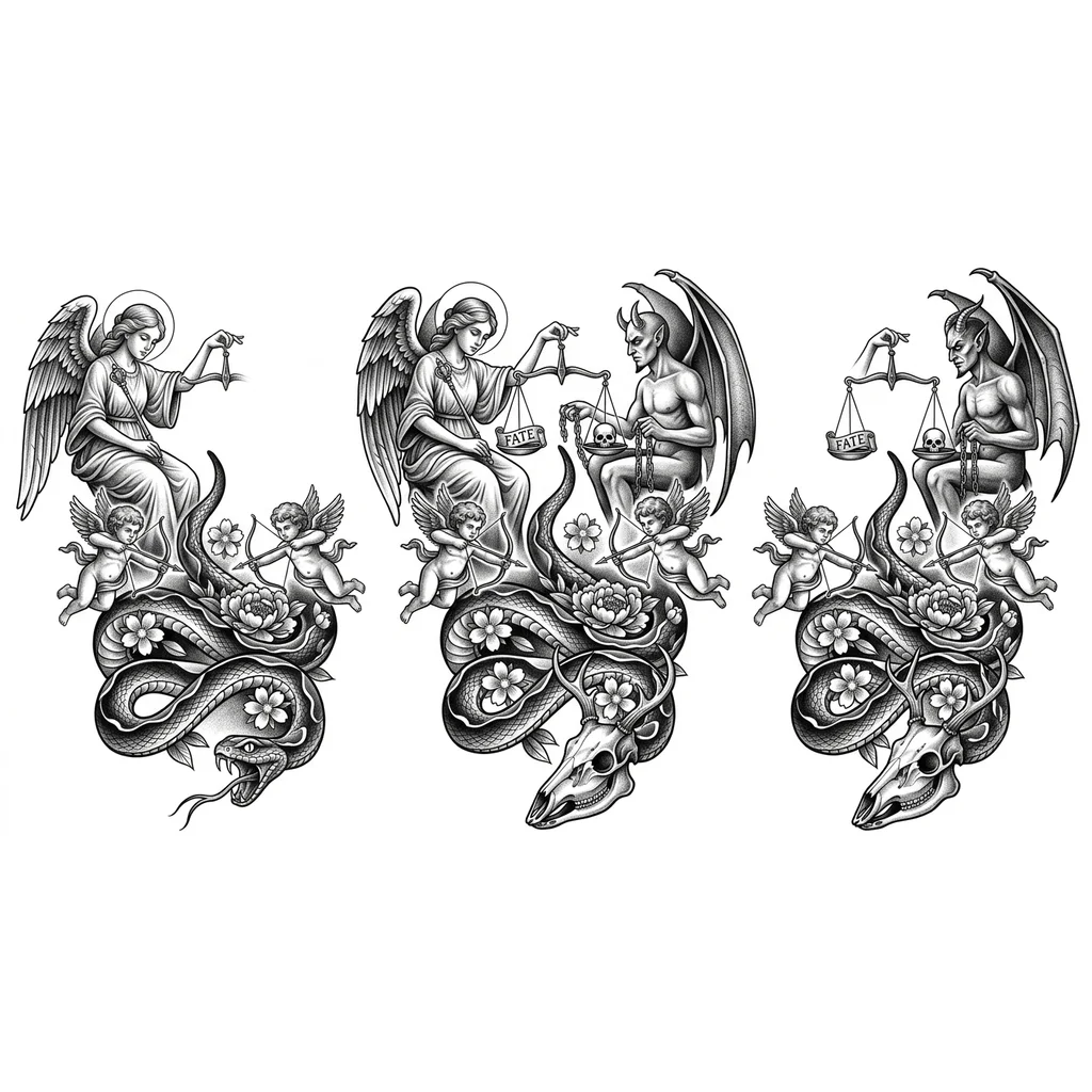 Тату эскиз: С низу змея начинает обкручивать ногу, языком залезая в череп оленя, все открытые места закрыты тенями и японскими цветами выше седят ангел и демон а между ними весы и на них лежит твоя судьба
А маленькие ангелы с лука стреляют в змею