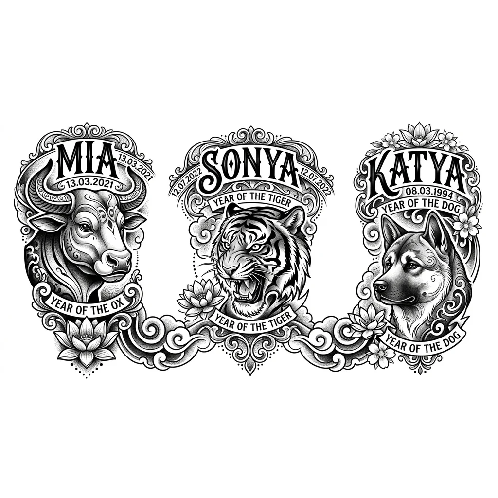 Тату эскиз: Придумать эскиз татуировки рукав
Мия 13.03.2021 год быка
Соня 12.07.2022 год тигра
Катя 08.03.1994г год собака