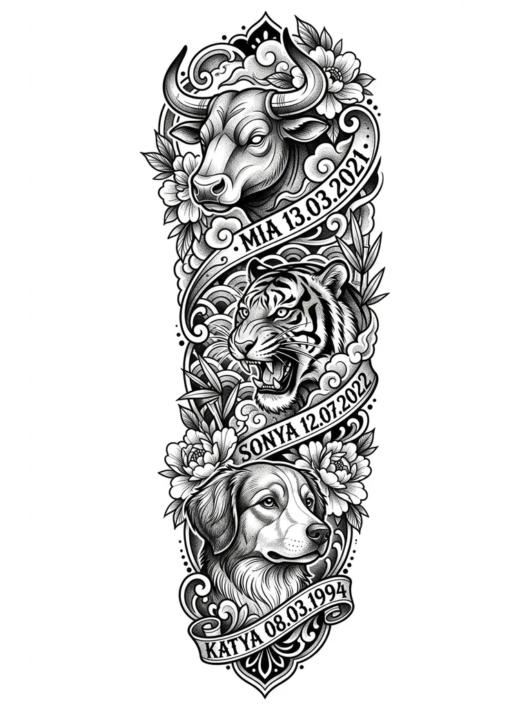 Тату эскиз: Придумать эскиз татуировки рукав
Мия 13.03.2021 год быка
Соня 12.07.2022 год тигра
Катя 08.03.1994г год собака