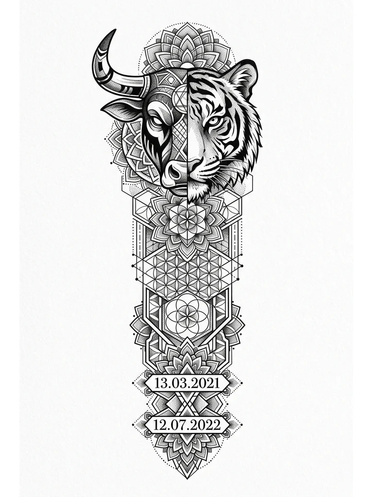 Тату эскиз: Рукав от плеча до кисти
Лицо животного на половину бык на половину тигр
Внизу дата рождения дочек
13.03.2021
12.07.2022