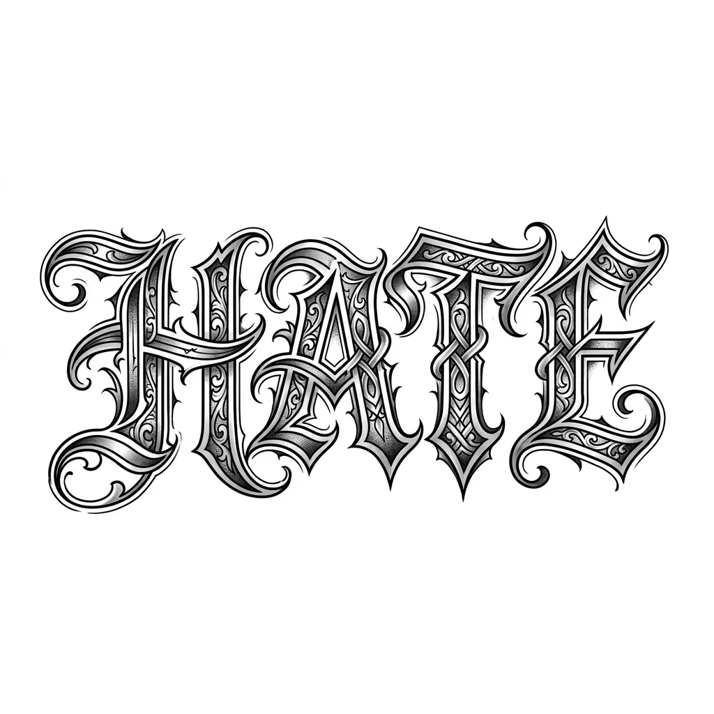 Тату эскиз: хочу тату на шею в большом размере чисто надпись HATE только надпись можно добавить узоры илли как то вытянуть тату чтоб было в готическом стиле