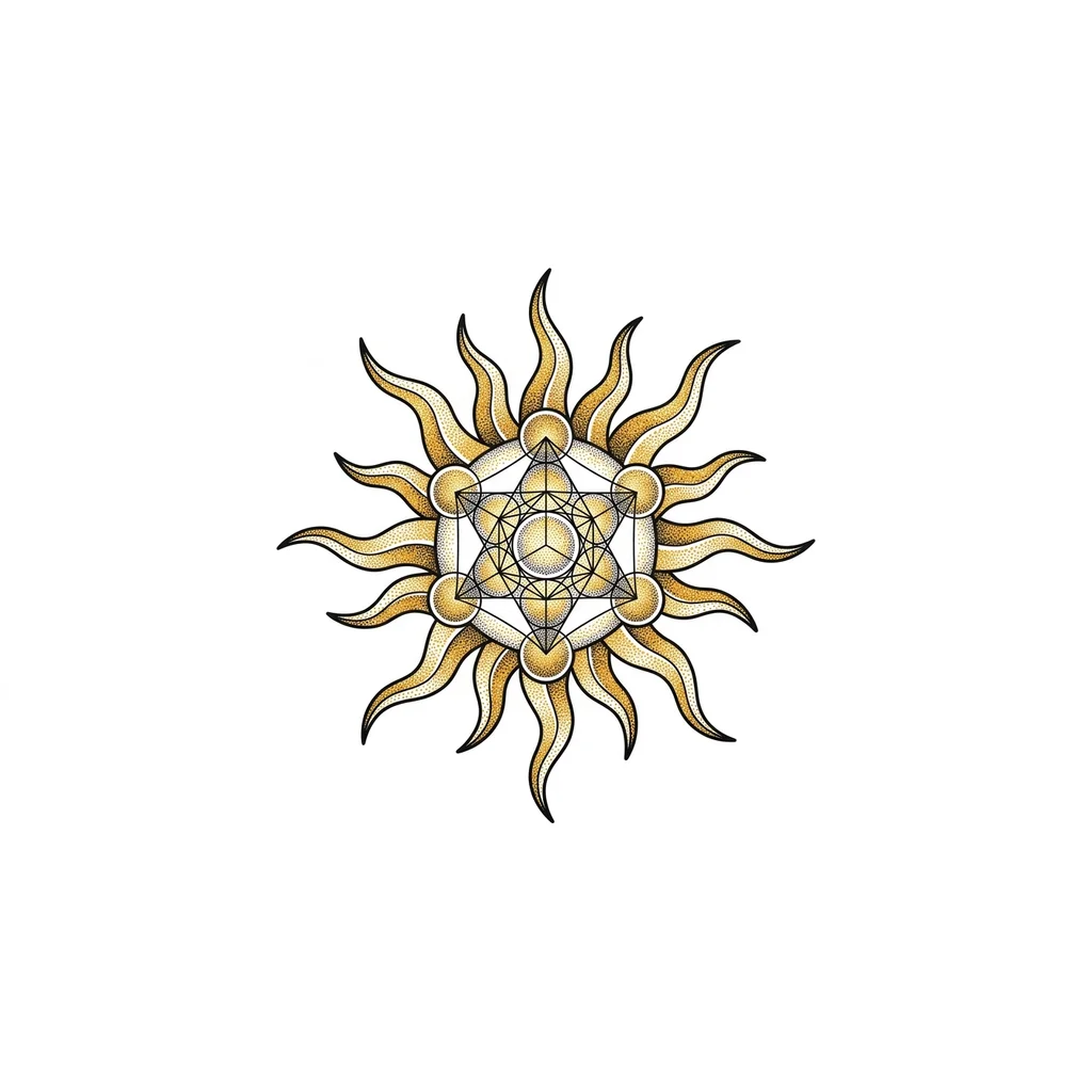 Тату эскиз:
Солнце, лучи волнистые и не рваные, линии: внутри золотистые и снаружи черным, без закрашивания фона. Буду бить на правую лопатку для увеличения энергии, защиты и лидерства - поэтому вид солнца должен быть мощным, как бы наполняющим жизнью. При этом это должно выглядеть без излишеств, дорого и по-мужски.