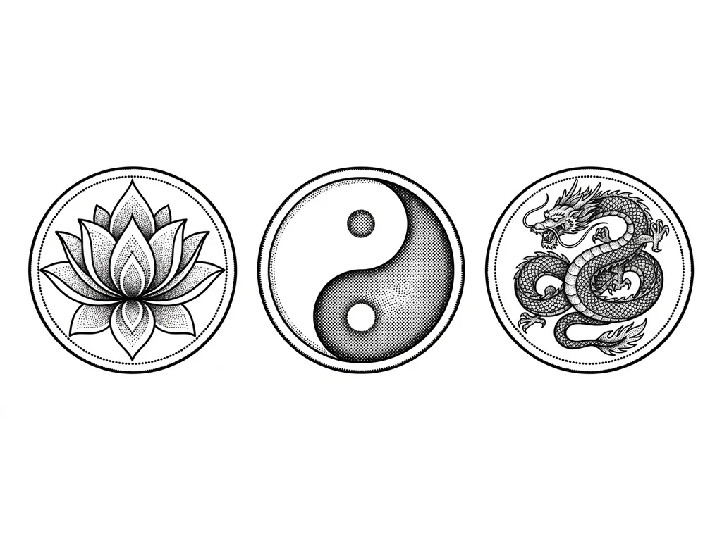 Тату эскиз: Создай эскиз татуировки, которая состоит из трех кругов, расположенных горизонтально. В одном круге расположен лотос. Во втором инь-ян. А в третьем восточный дракон. Круги диаметром до 2 сантиметр. Оформить в стилистике лотоса во вложении