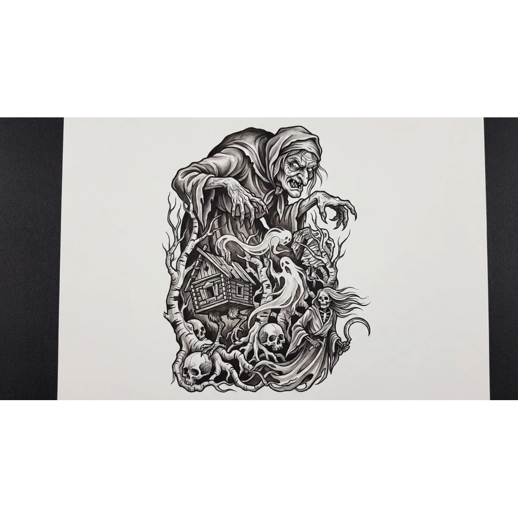 Тату эскиз: Стиль: иллюстративный черно-серый хоррор. Тема: славянская мифология, атмосфера мрачного хоррора. Центральная фигура: чудовищная Баба Яга с яркими, четкими контурами, расположенная в верхней части, динамично наклоненная вниз. Задний и передний планы густо заполнены переплетенными элементами: скрученными березовыми корнями, черепами, деревянными конструкциями дома на курьих ножках, призрачной Полудницей и кружащимися в воздухе духами (привидениями).