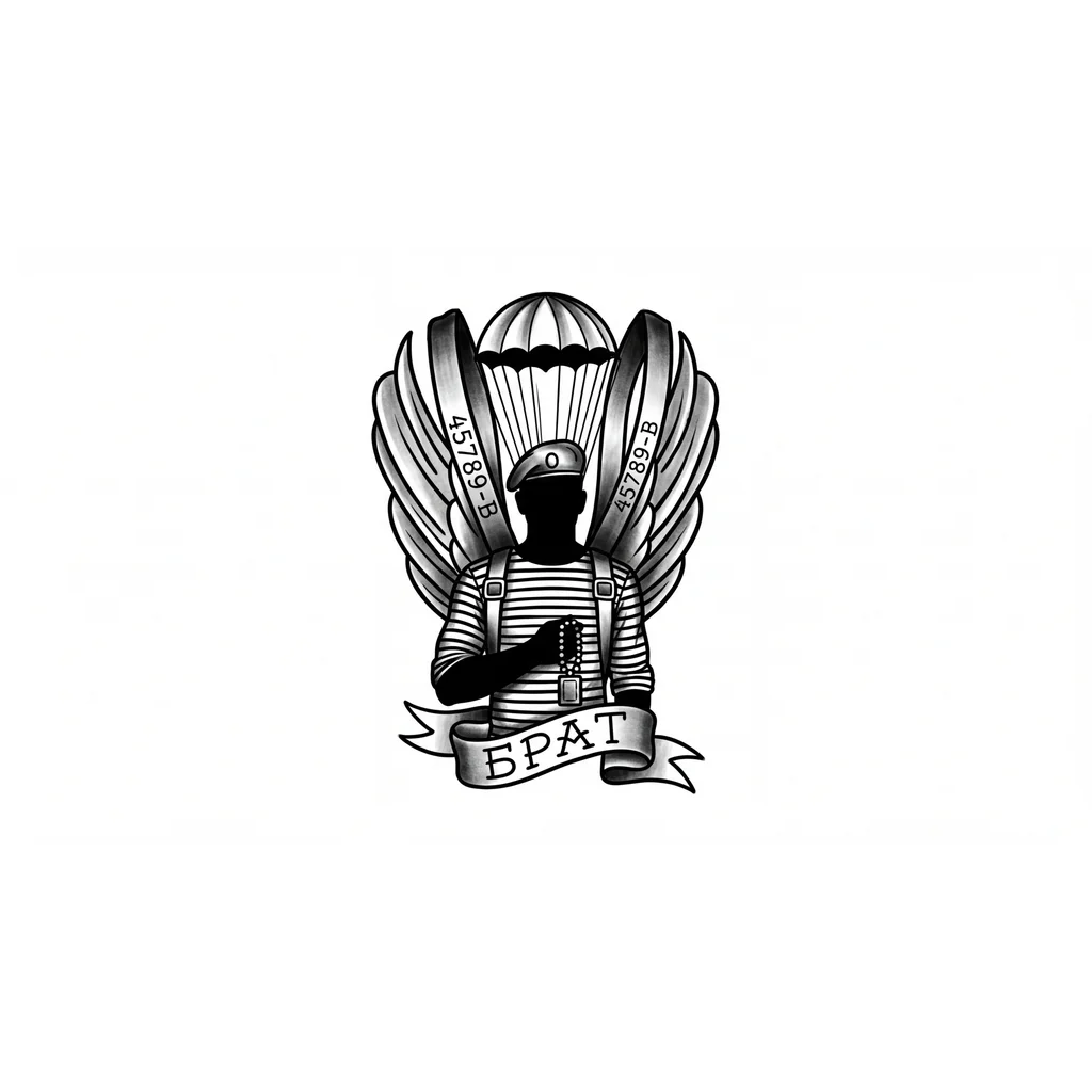 Тату эскиз: силуэт фигуры в тельняшке и берете, у которого за спиной раскрываются не крылья, а стропы парашюта,уходящие в небо. в руках фигура держит планшет или четки. надпись: личный номер выбит на стропах парашюта(любой набор чисел). надпись брат написана на тельняшке или выбиты внизу композиции в виде подписи