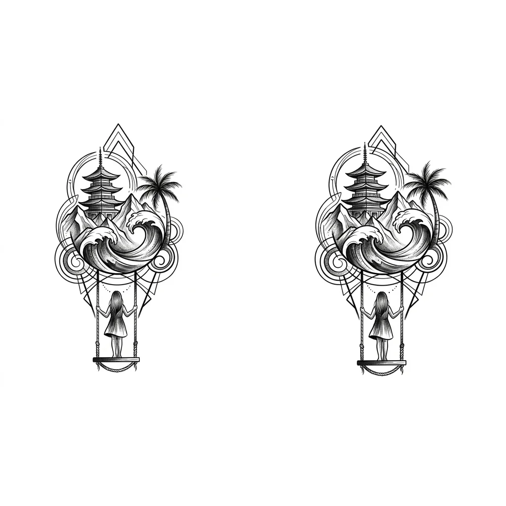 Тату эскиз: эскиз татуировки, монохромная, в стиле геометрия и графика тонкие линии, на эскизе есть волна, пальма, одна пагода, в основе эскиза девочка на качелях стоя вид на девочку со спины