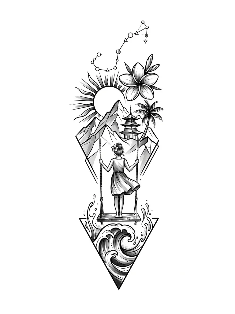 Тату эскиз: стиль геометрия-графика, внизу закручивающаяся волна помещенная в треугольник и выходящая за его границы сверху. Над волной девочка стоящая в полный рост на качелях - вид со спины. Над девочкой горы, одна пагода, одна пальма, солнце с лучами, цветок франджипани и созвездие скорпиона из маленьких геометрических фигур
