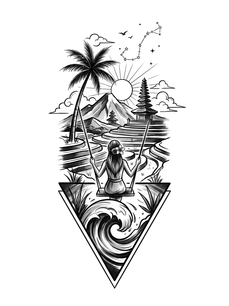 Тату эскиз: Стиль геометрия-графика, внизу закручивающаяся волна помещенная в треугольник и выходящая за его границы сверху. Над волной девочка стоящая в полный рост на качелях - вид со спины. Прическа у девочки - сзади длинные волосы собраны в пучок. Цветок франжипани в волосах у девочки. Над девочкой многоярусные террасы с рисовыми полями, одна пальма, горы, одна балийская пагода, солнце с тонкими лучами, контуры облаков, две маленькие птицы и созвездие скорпиона из маленьких геометрических фигур