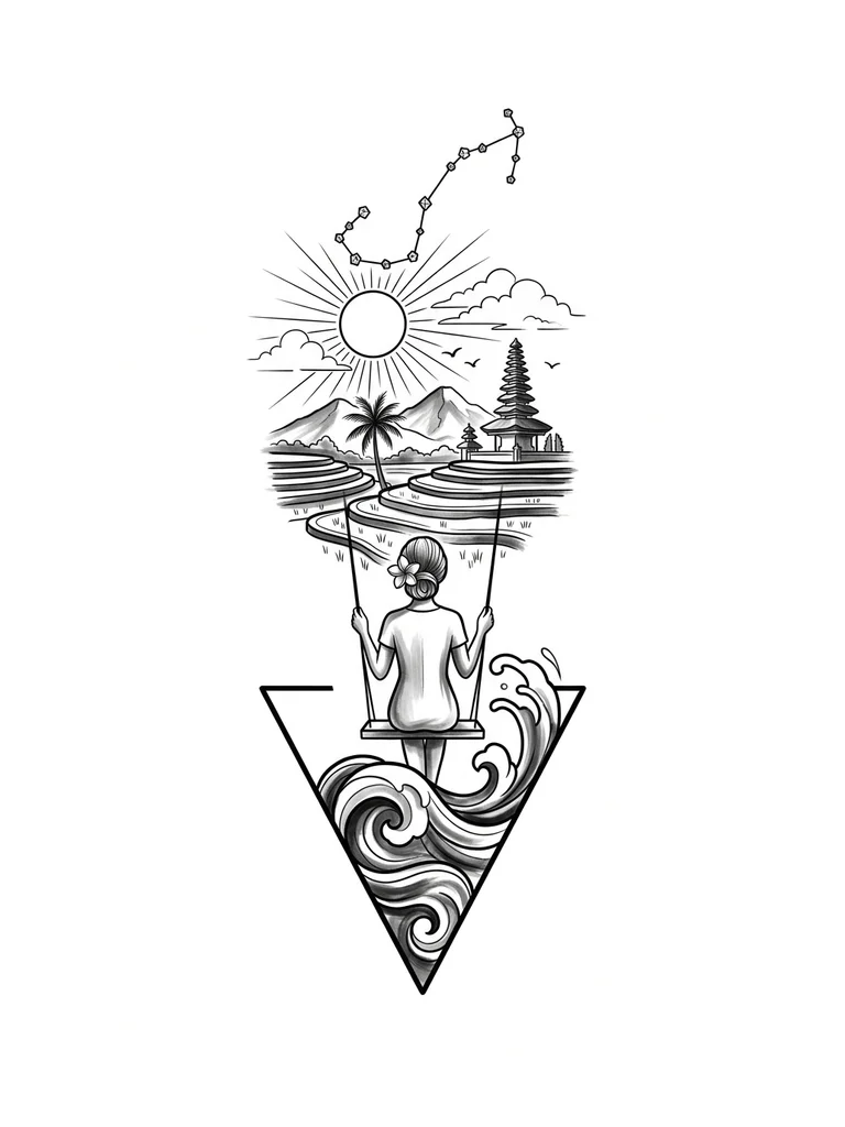 Тату эскиз: Стиль геометрия-графика, внизу закручивающаяся волна помещенная в треугольник и выходящая за его границы сверху. Над волной девочка стоит в полный рост на качелях - вид со спины. Прическа у девочки - сзади волосы собраны в пучок. Цветок франжипани в волосах у девочки. Над девочкой многоярусные террасы с рисовыми полями, одна пальма, горы, одна балийская пагода, солнце с тонкими лучами, контуры облаков, две маленькие птицы и созвездие скорпиона из маленьких геометрических фигур