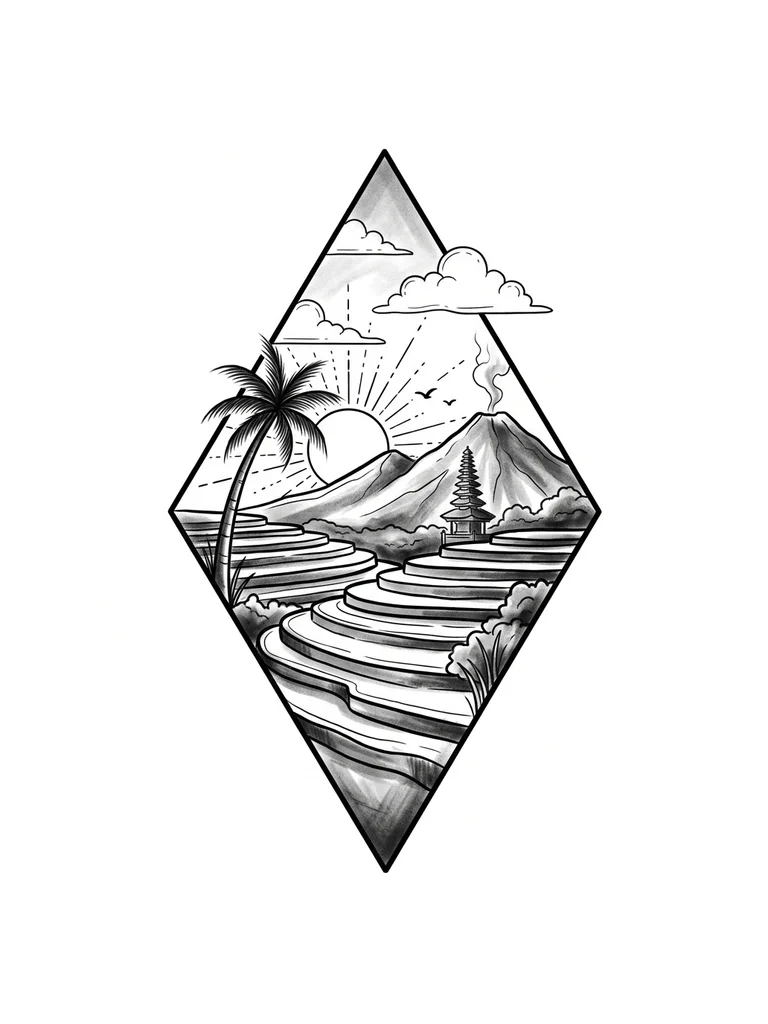 Тату эскиз: Стиль геометрия,графика. Ромб без окантовки, в который вписаны одна многоярусная терраса с рисовыми полями,одна изогнутая пальма на фоне солнца, заходящего за балийские горы и вулкан с дымом из жерла, одна балийская пагода, солнце с тонкими лучами из черточек и точек, контуры кучевых облаков, две маленькие птицы. Мягкие не яркие тени.
