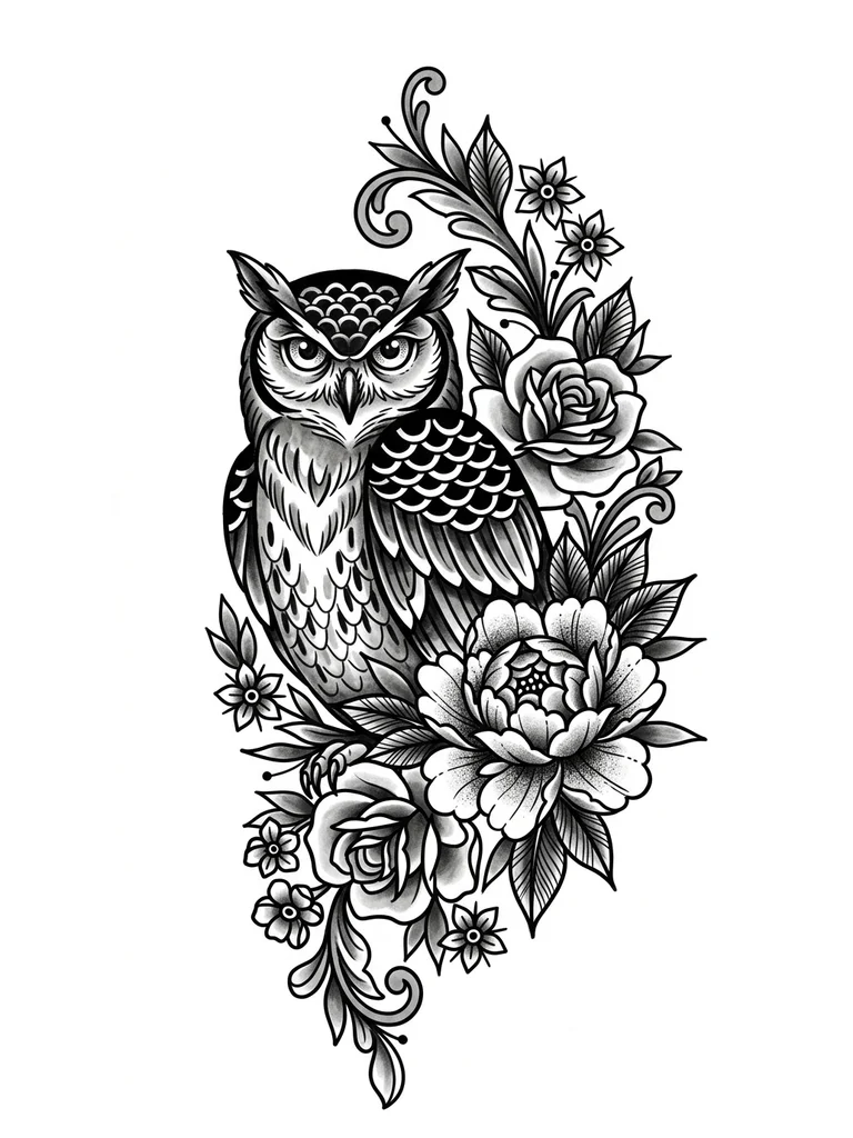 Тату эскиз: Центральным элементом композиции является сова, расположенная чуть левее центра. Сова изображена с детальной проработкой перьев, её взгляд прямой и выразительный, что придаёт рисунку глубину и характер.
Вокруг совы располагается пышный букет цветов, преимущественно пионов и роз. Цветы выполнены с тщательной проработкой лепестков и листьев, что создаёт ощущение объёма и живости. Растительный орнамент плавно огибает сову, обрамляя её и создавая гармоничный баланс
Композиция вытянута вертикально