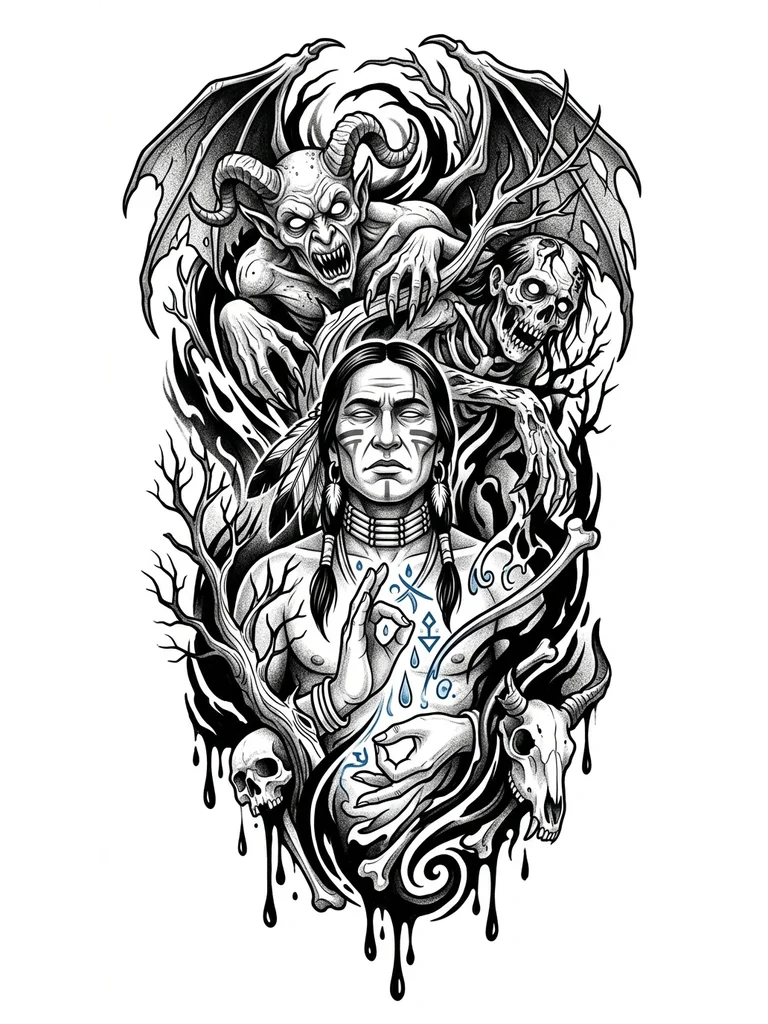 Тату эскиз: Индеец, изображённый в центре, может символизировать связь с природой, духовность и мудрость. Его поза и выражение лица передают спокойствие и силу. Голубые элементы, напоминающие капли воды или символы, добавляют мистический оттенок, возможно, указывая на связь с духовным миром или природными стихиями.
Фон изображения выполнен в холодных тонах, что создаёт ощущение гармонии и баланса.