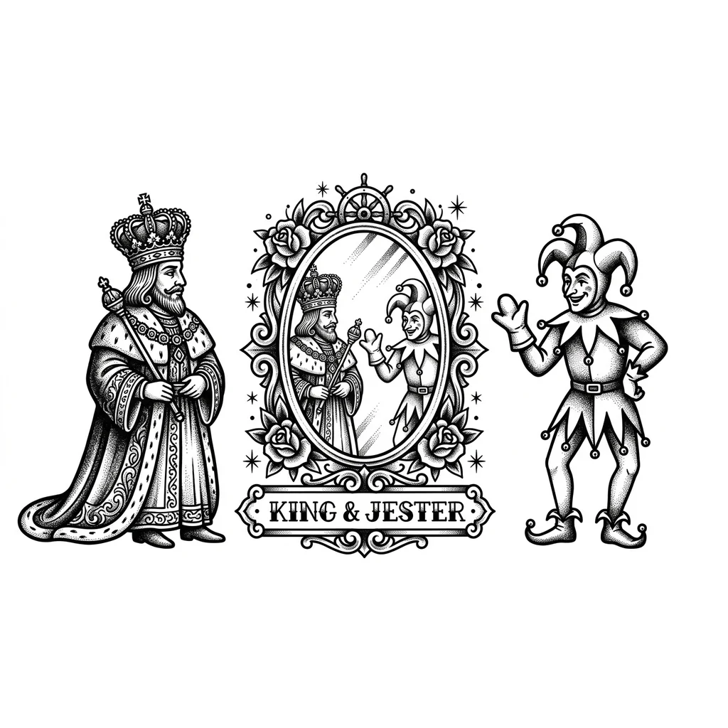 A king wearing ornate crown and formal robes facing a jester in colorful motley outfit, reflected in a vertical mirror between them, black and white monochrome ink style, symmetrical composition, detailed linework, theatrical and gothic elements, tattoo flash sheet illustration, white background, high contrast, clean lines