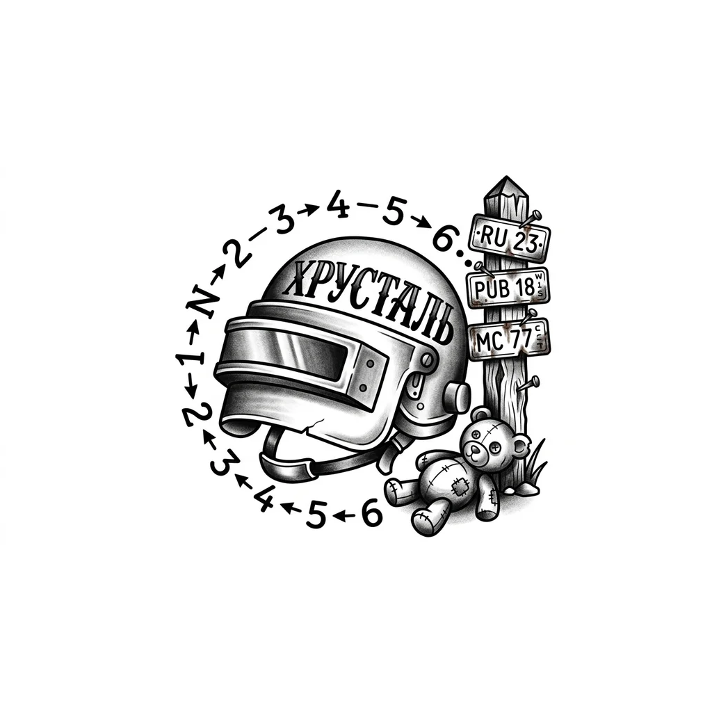 Тату эскиз: Тату на одну грудь мужскую , шлем пабг , на шлеме написано хрусталь , вокруг шлема цифры порядка переключения передач на мотоцикле , рядом приграничный столб с прибитыми госномерами , около столба лежит детская игрушка медвеженка