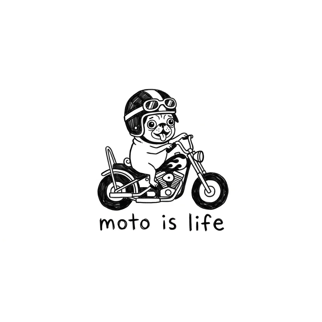 Мопс в мото шлеме на мотоцикле