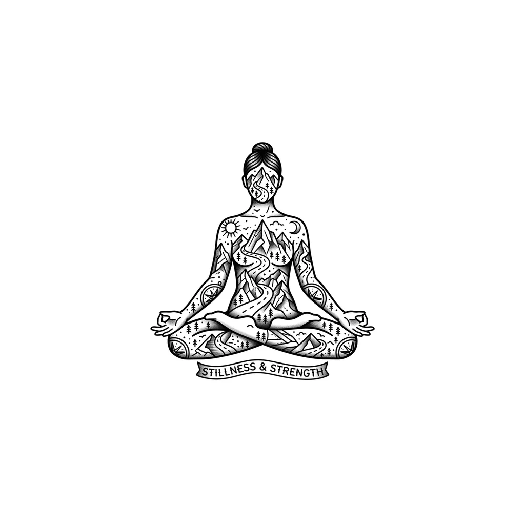 Тату эскиз: A minimalist black and white illustration of a person in a yoga lotus pose, the body filled with intricate mountain ranges, winding roads, and travel paths, geometric patterns integrated seamlessly, tattoo flash sheet illustration, white background, high contrast, clean lines