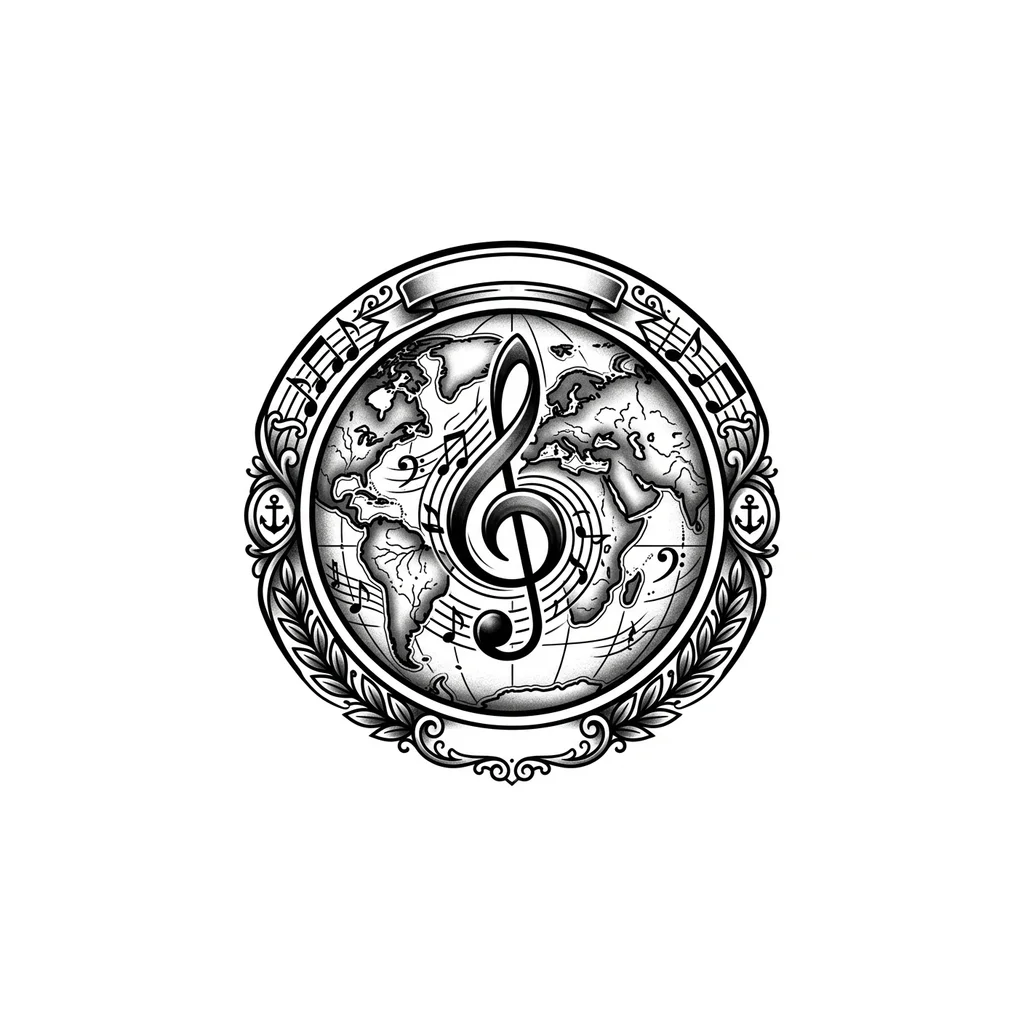 Тату эскиз: A detailed globe map with a treble clef or musical note shape replacing the heart in the center, continents and oceans in fine line work, ornamental border with musical elements, black and white monochrome style, detailed geography, tattoo flash sheet illustration, white background, high contrast, clean lines