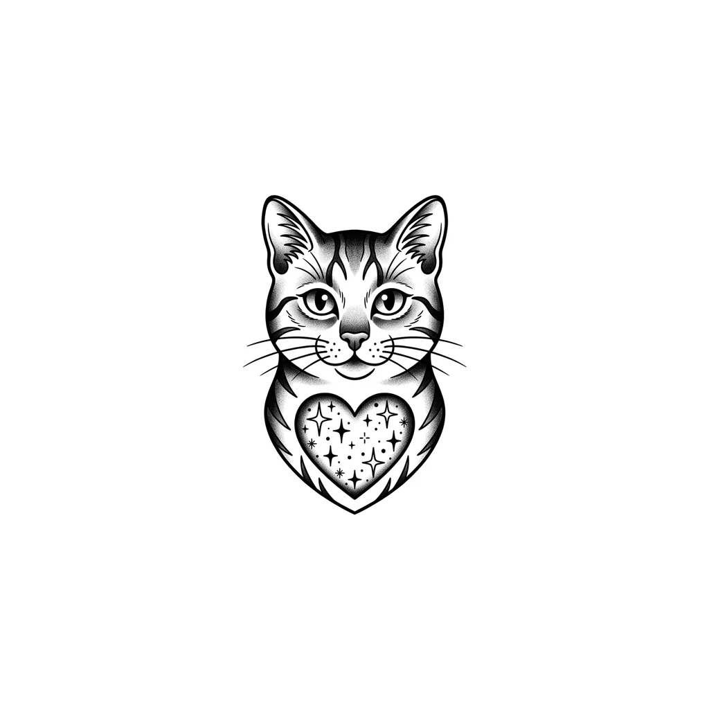 A black and white front-facing cat portrait with an open heart visible in chest area filled with twinkling stars and sparkles, cute and loving expression, monochrome ink, detailed shading, romantic and whimsical style, tattoo flash sheet illustration, white background, high contrast, clean lines