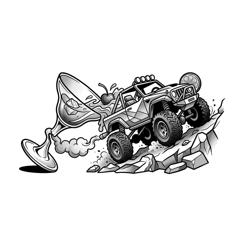 Тату эскиз: Black and white monochrome illustration of a cocktail glass transforming into an off-road vehicle driving up rocky terrain, creative surreal fusion design, dynamic composition, minimalist style, clean geometric and organic shapes blending together, tattoo flash sheet illustration, white background, high contrast, clean lines