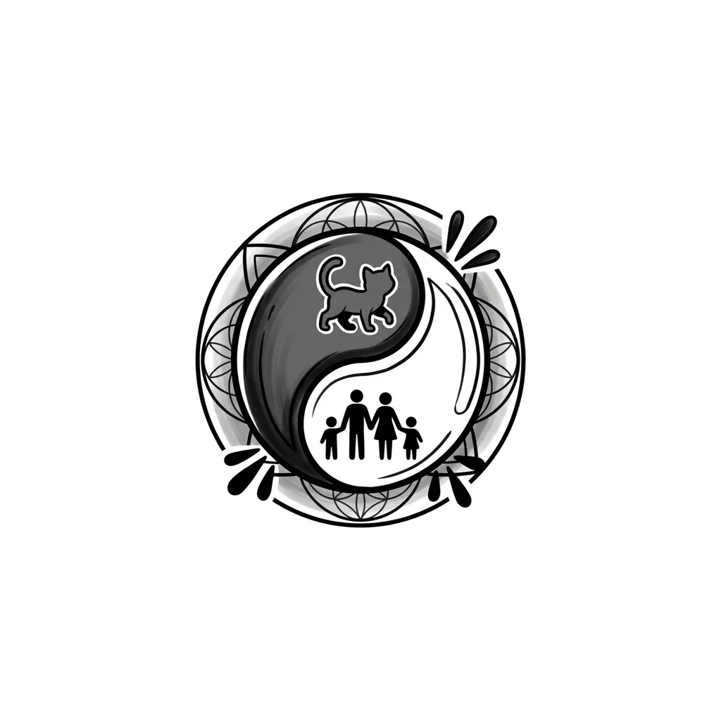 Yin yang symbol with a cat silhouette replacing one dot and human family silhouettes replacing the other dot, black and white monochrome ink, minimalist design, balanced composition, sacred geometry, tattoo flash sheet illustration, white background, high contrast, clean lines