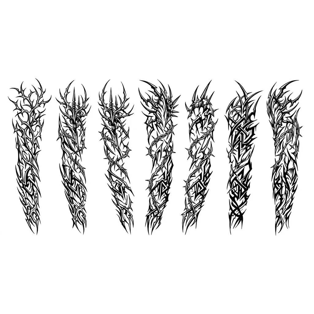 Тату эскиз: Tattoo flash sheet design, cyber-neo-sigilism style, aggressive dark art, intricate jagged lines, sharp needle-like edges, tangled thorny web pattern, bio-organic blackwork, high contrast, minimalist black and white, isolated on white background, sharp focus, hyper-detailed.