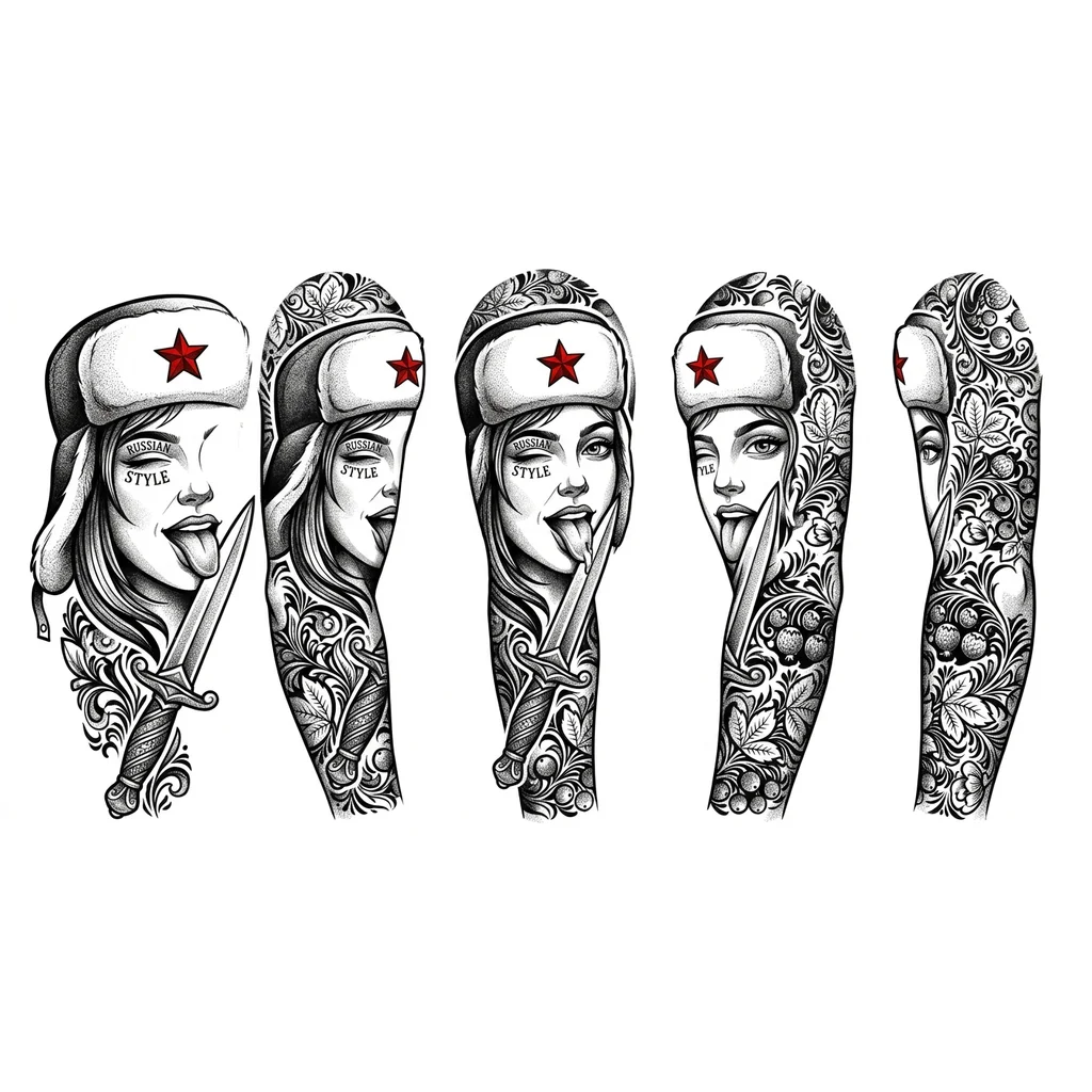 Тату эскиз: Молодая девушка в шапке-ушанке с красной звездой, на лице у нее татуировка надпись: RUSSIAN на верхнем веке, STYLE на нижнем веке левого глаза, у девушки высунут язык и она облизывает кинжал и подмигивает правым глазом
Фон в традиционном русском стиле с добавлением хохломы