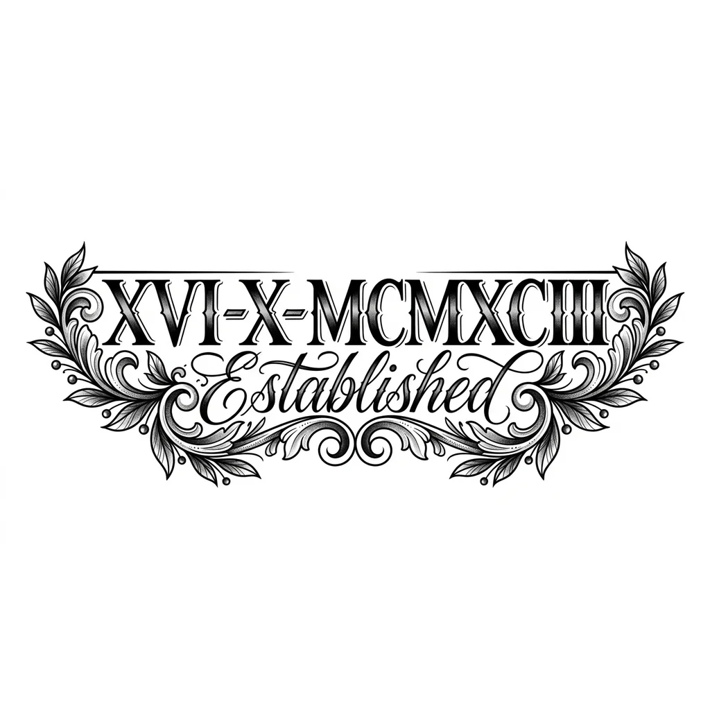 Тату эскиз: Татуировка римскими цифрами XVI-X-MCMXCIII на груди, сверху надпись established выполненная изящным шрифтом с ветвями по краям. Пример на фото. Изобрази на чистом листе