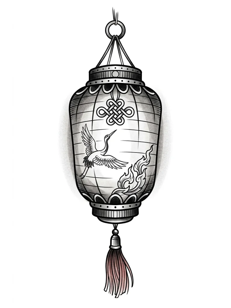 Тату эскиз: A small vertical tattoo design, 15-20 cm. A single Asian paper lantern. On its surface, three cultural symbols drawn with thin black lines: a Chinese knot (top), a Korean crane (middle left), a Thai flame (bottom right). The lantern emits a faint glow. Monochrome black and grey with just a hint of faded red on the tassel. Etching and ink wash style. White background.