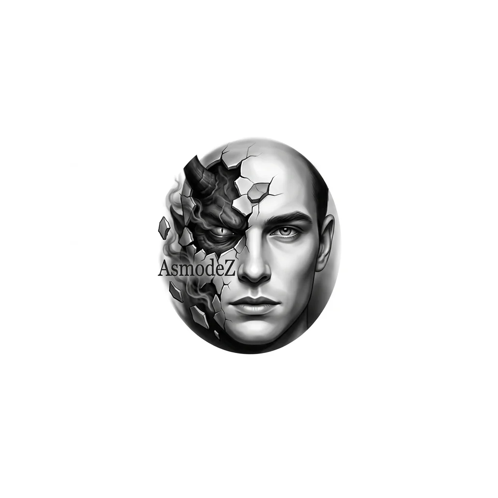 Реалистичное black&grey тату: мужское лицо с холодным, спокойным выражением. Левая сторона (акцент) растрескивается — изнутри проявляется демон (глаз, тьма, дым, без клише). Демон — не отдельный, а как слой под кожей. Лёгкие намёки на рога в тени. Тонкий намёк на бокс через напряжение и динамику трещин. Надпись “AsmodeZ” — аккуратно в трещинах/дыме. Стиль: чистый реализм, без перегруза. Размер 12–18 см. Локация: левая грудь/плечо.
