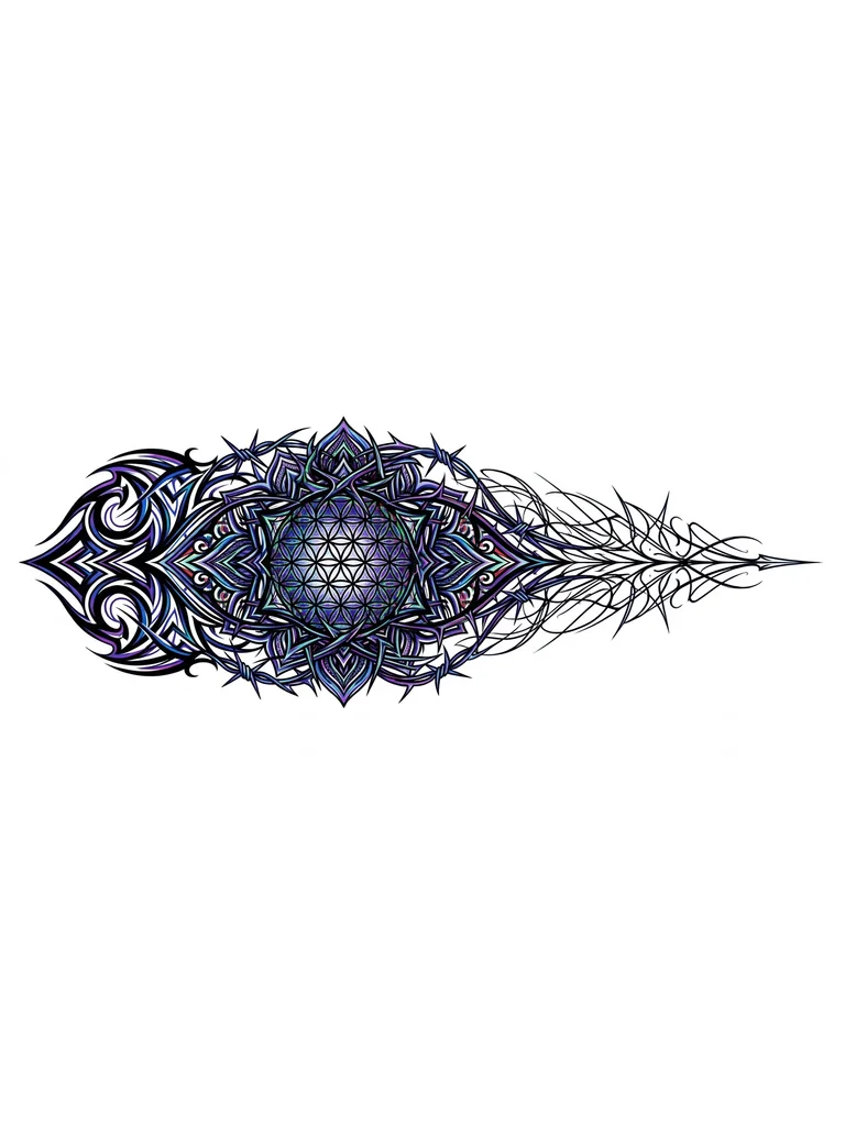 vertical forearm tattoo composition. Dark ornamental gothic style meets sacred geometry. A central geometric mandalic structure (like Flower of Life) intertwined with sharp, thorny organic vines. Deep black ink, fine lines, dark aesthetic. No lettering. The design starts bold at the top and tapers off elegantly towards the wrist. High resolution, tattoo flash art style.