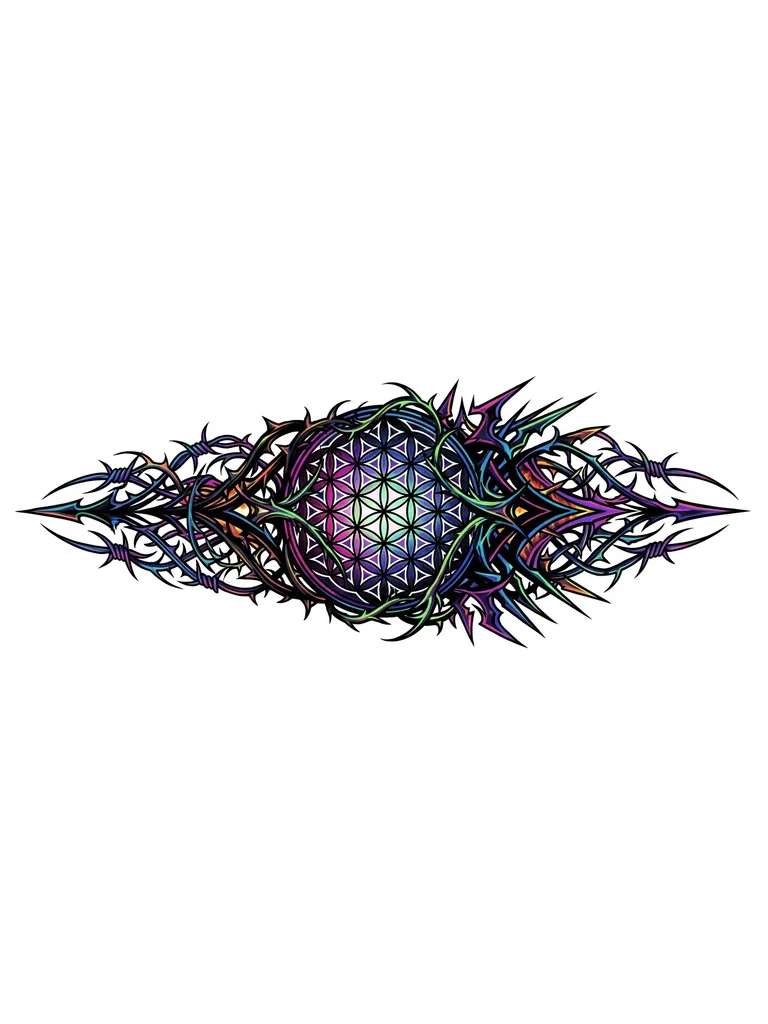 vertical forearm tattoo composition. Dark ornamental gothic style meets sacred geometry. A central geometric mandalic structure (like Flower of Life) intertwined with sharp, thorny organic vines. Deep black ink, fine lines, dark aesthetic. No lettering. The design starts bold at the top and tapers off elegantly towards the wrist. High resolution, tattoo flash art style.