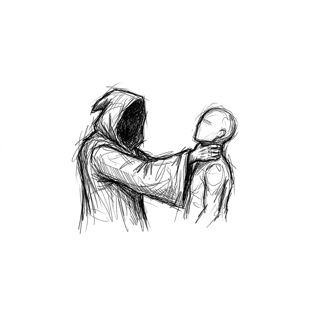 small vertical wrist tattoo, hooded faceless figure in long robe, face fully blacked out, gripping a faceless human by the throat, anonymous figures, dark symbolic scene, extremely rough chaotic pen sketch style, ballpoint pen drawing, aggressive scribbles, messy overlapping lines, broken contours, uneven pressure strokes, raw hand drawn look, dirty texture, cross-hatching, no clean outlines, nervous unstable linework, gritty tattoo flash, minimal background, chaotic ink scratches, 
