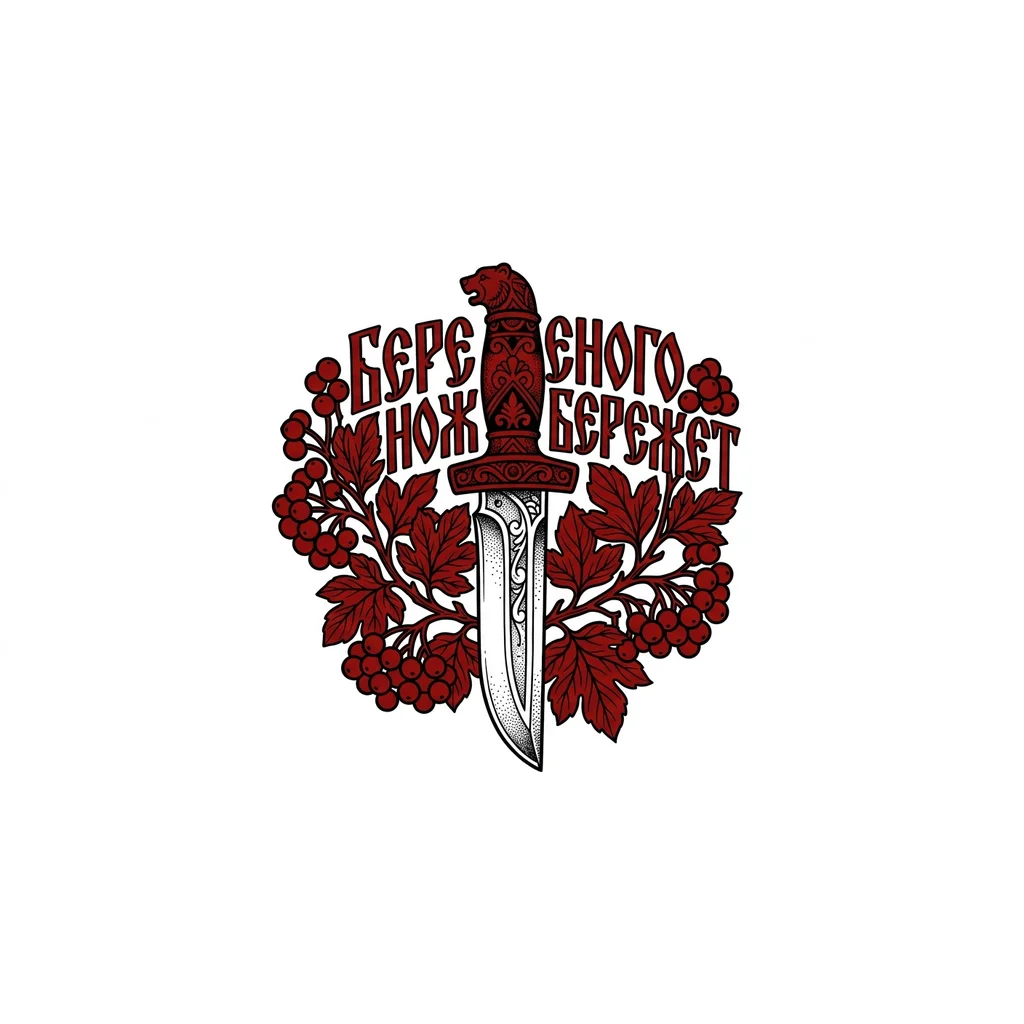 Тату эскиз: Нарисуй эскиз для тату в славянском стиле: нож а на фоне ягоды калины с листьями, на фоне надпись «береженого нож бережет» используй только два цвета , красный и черный