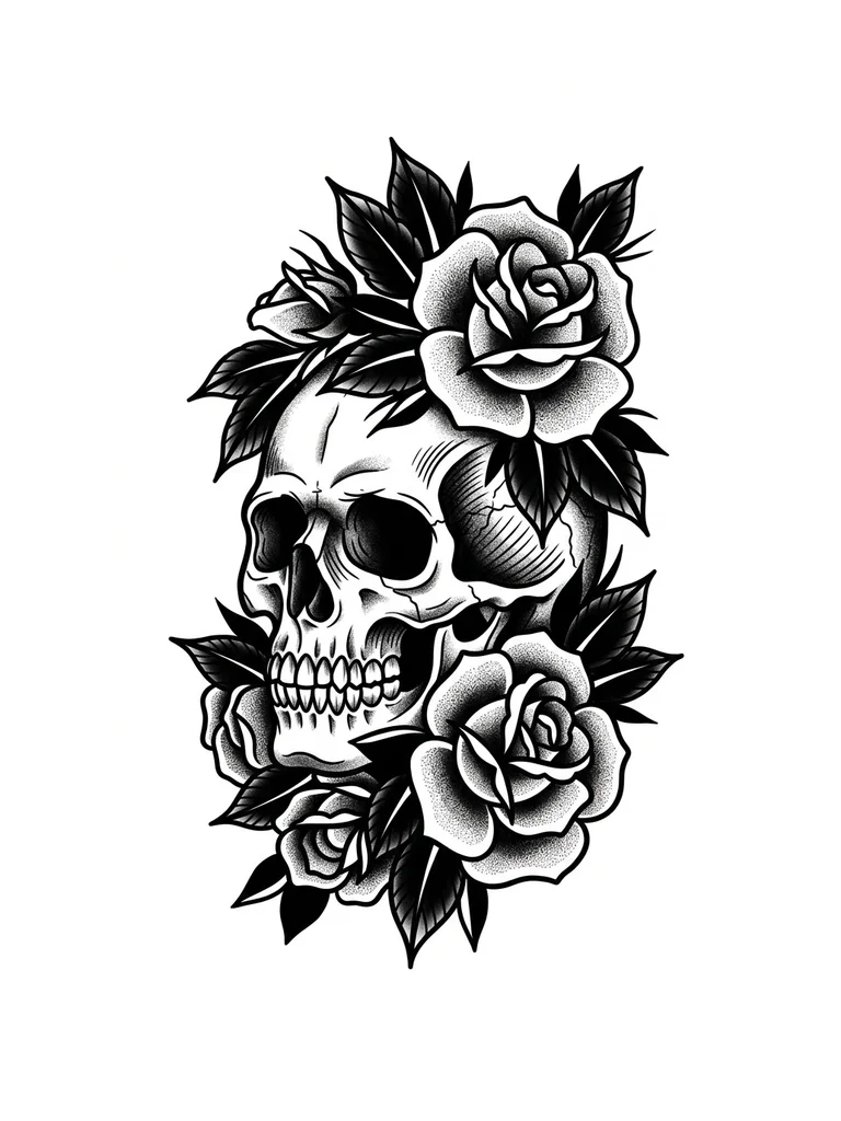  «cover-up design over existing black outline tattoo, skull with roses and dark leaves, blackwork style, larger size, thick lines, heavy black fill, dense shadows, positioned on forearm».