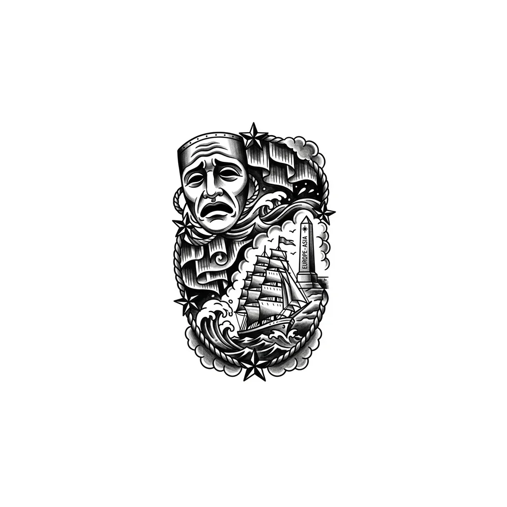 Рукав, маска скорби из магадана, северное полярное сияние, колыма, обелиск европаазия, стиль церковно космический