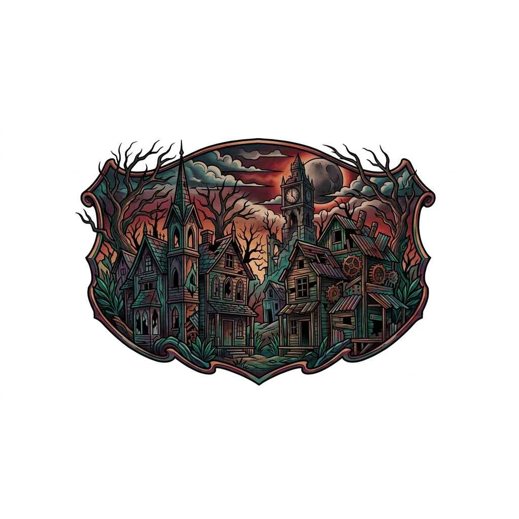Тату эскиз: стиль Grimdark Victorian, Weird West, Scrap-punk, Southern Gothic, пейзаж, разрушенные дома на фоне мертвых деревьев
