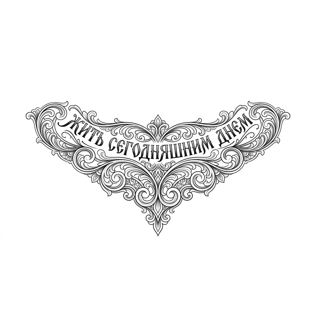 На ключице слова "жить сегодняшним днём" на английском. 