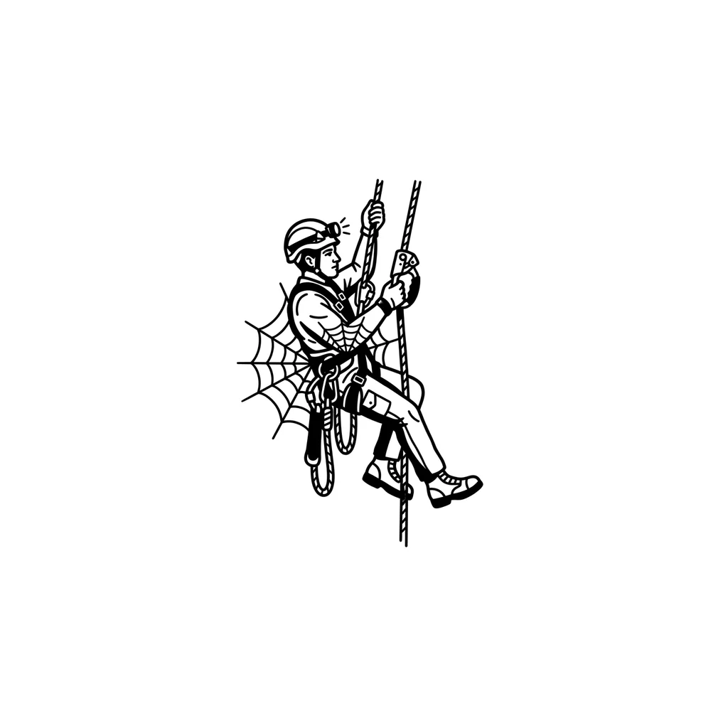 Old school blackwork elbow tattoo. An industrial rope access climber ascending a vertical rope. The rope is shifted slightly to the right. Climber wears full body harness, helmet with headlamp, chest ascenders, handled ascender with foot loop, carabiners, gloves. Legs are clean, no loose ropes below knees. The rope pattern forms a radial spider web structure around the elbow. Pure black ink only, bold lines, solid black fills, skin breaks, no grey, no shading, no colors. White background.
