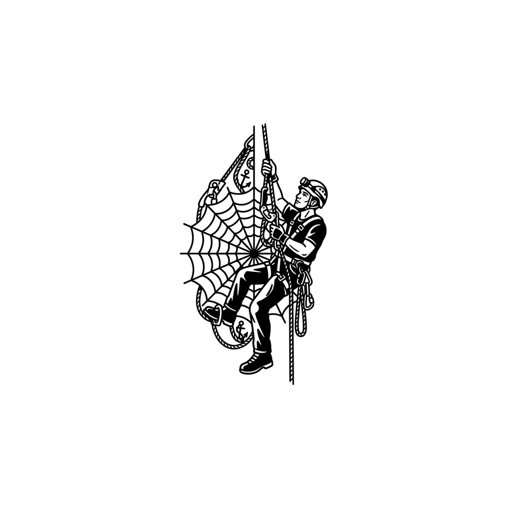 Old school blackwork elbow tattoo. An industrial rope access climber ascending a vertical rope. The rope is shifted slightly to the right. Climber wears full body harness, helmet with headlamp, chest ascenders, handled ascender with foot loop, carabiners, gloves. Legs are clean, no loose ropes below knees. The rope pattern forms a radial spider web structure around the elbow. Pure black ink only, bold lines, solid black fills, skin breaks, no grey, no shading, no colors. White background.
