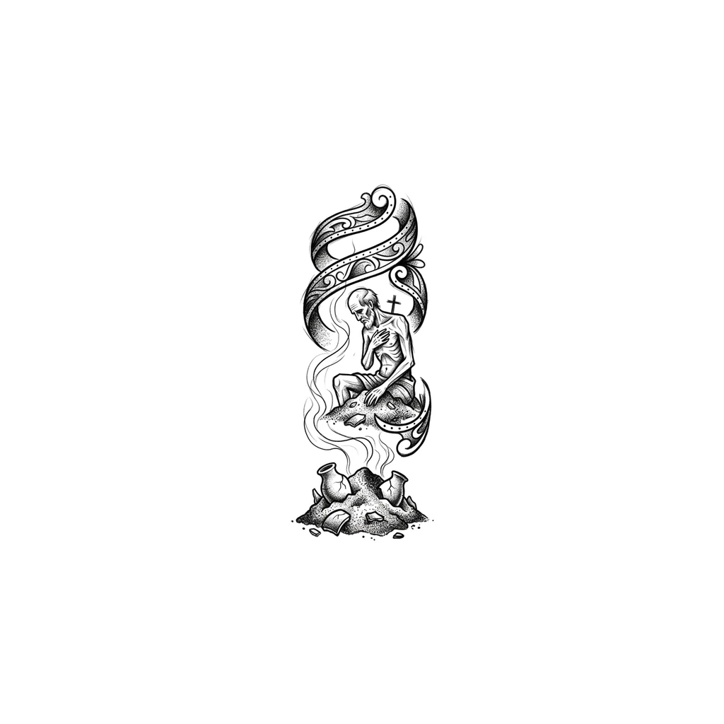  A vertical forearm tattoo design, black and white, dotwork with sketch elements. The composition is an elongated spiral wrapping around the limb. Bottom center: a pile of ash rendered with stippling, with a few broken clay potsherds sticking out, and thin wispy smoke lines starting the spiral. In the middle: the biblical Job sitting on the ash pile, emaciated, ribs visible, head bowed but back straight, one hand resting on the ash, the other hand pressing against his chest where a small cross i