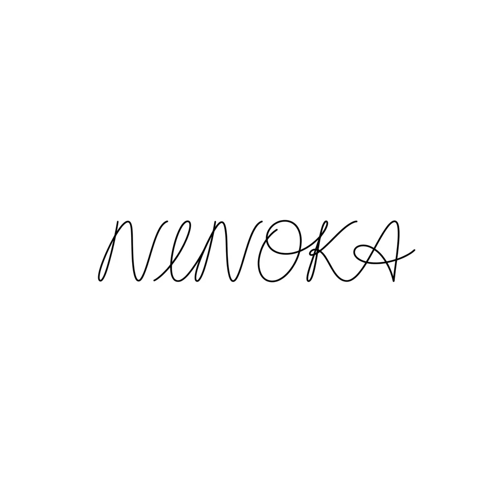 Tattoo design: a single unbroken line forming the letters N-I-N-O-K-A in a seamless flow. Minimalist style, black ink on white background. Horizontal composition, approximately 10 cm in length. Clean, thin lines with no additional details. Ensure smooth transitions between letters.