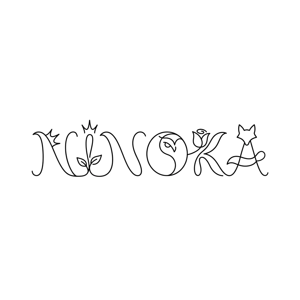 Generate a minimalist one-line tattoo design spelling N-I-N-O-K-A, connected seamlessly in one fluid stroke. Integrate symbols:

1st N: 3 small crown-like spikes at top;
I: sprout with 2 leaves at base;
2nd N: wave-like curve;
O: owl face (eye + head outline inside circle);
K: 2 rose petal-like curves;
A: fox silhouette (ears at top, curled tail at bottom bar).
Horizontal, 10cm, black ink, linework style, no breaks, consistent line width. Clean, tattoo-ready stencil.
